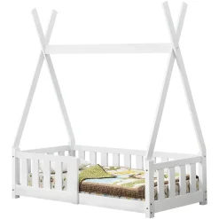 Enfant [En.Casa] Lit Tipi pour Enfants Helsingborg avec Grille de Sécurité Pin 140 x 70 cm Blanc en.casa