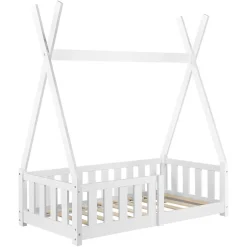 Enfant [En.Casa] Lit Tipi pour Enfants Helsingborg avec Grille de Sécurité Pin 140 x 70 cm Blanc en.casa