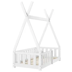 Enfant [En.Casa] Lit Tipi pour Enfants Helsingborg avec Grille de Sécurité Pin 140 x 70 cm Blanc en.casa