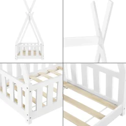 Enfant [En.Casa] Lit Tipi pour Enfants Helsingborg avec Grille de Sécurité Pin 140 x 70 cm Blanc en.casa