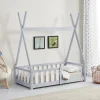 [En.Casa] Lit Tipi pour Enfants Helsingborg avec Grille de Sécurité Pin 140 x 70 cm Gris Clair en.casa Online