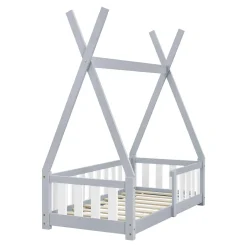 [En.Casa] Lit Tipi pour Enfants Helsingborg avec Grille de Sécurité Pin 140 x 70 cm Gris Clair en.casa Online