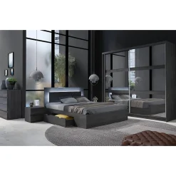 Meublorama Lit VELTIS 180x200 cm avec tete de lit LED Coloris frene noir Sommier et matelas non inclus Online
