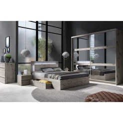 Meublorama Lit VELTIS 160x200 cm avec tete de lit LED Coloris chene Wellington Sommier et matelas non inclus