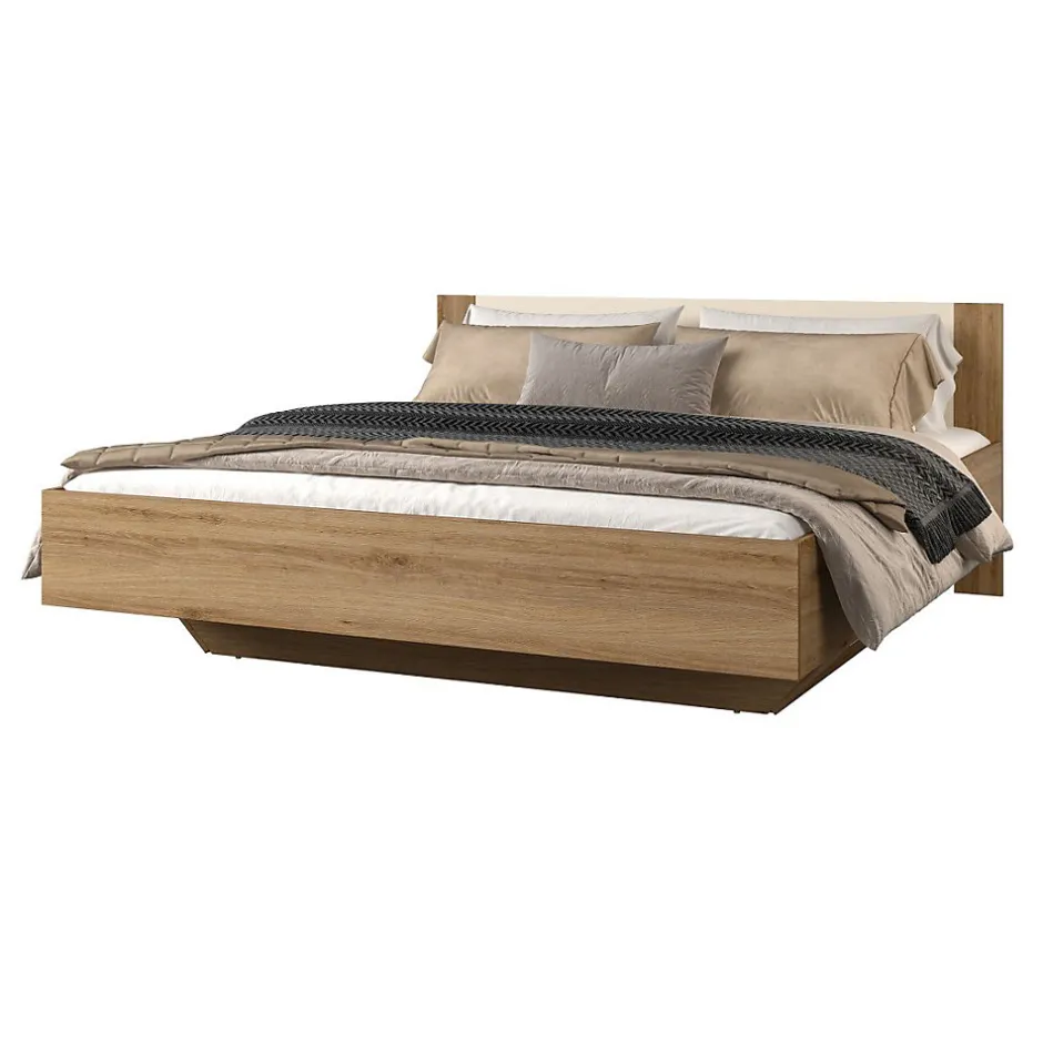 Meublorama Lit VERTIGO 180x200 cm avec sommier inclus Chene sauvage et beige sable Pied de lit design