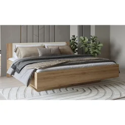 Meublorama Lit VERTIGO 180x200 cm avec sommier inclus Chene sauvage et beige sable Pied de lit design