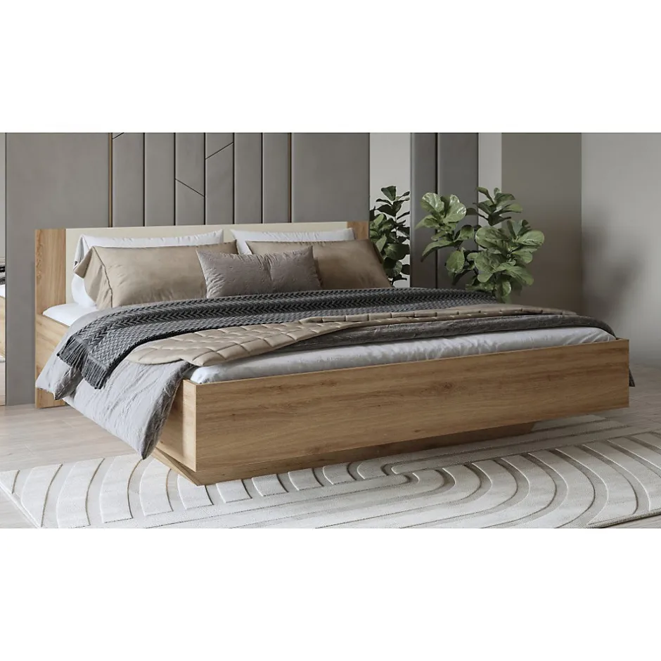 Meublorama Lit VERTIGO 180x200 cm avec sommier inclus Chene sauvage et beige sable Pied de lit design