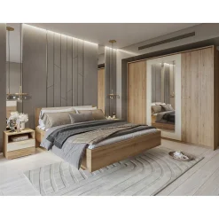 Meublorama Lit VERTIGO 180x200 cm avec sommier inclus Chene sauvage et beige sable Pied de lit design