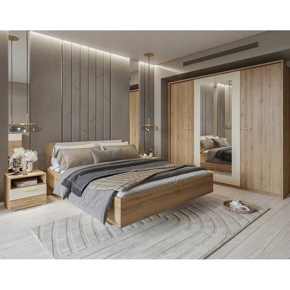Meublorama Lit VERTIGO 180x200 cm avec sommier inclus Chene sauvage et beige sable Pied de lit design