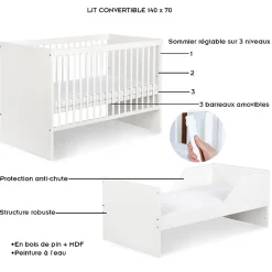 Monmobilierdesign Lit évolutif Bébé Convertible En Lit Enfant Blanc 140x70 Hot
