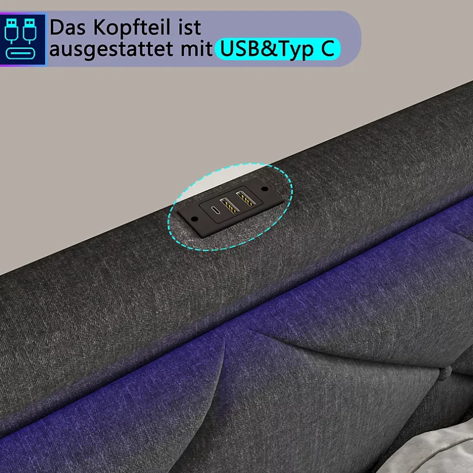 Generique Lit 160x200 avec LED et USB, Lit Double avec à Lattes, Lit capitonné 160x200cm avec 4 tiroirs et Grand Rangement Lit, Gris Outlet