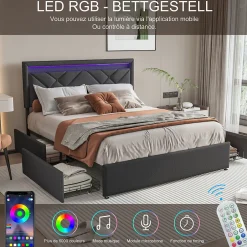 Generique Lit 160x200 avec LED et USB, Lit Double avec à Lattes, Lit capitonné 160x200cm avec 4 tiroirs et Grand Rangement Lit, Gris Outlet