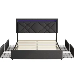 Generique Lit 160x200 avec LED et USB, Lit Double avec à Lattes, Lit capitonné 160x200cm avec 4 tiroirs et Grand Rangement Lit, Gris Outlet