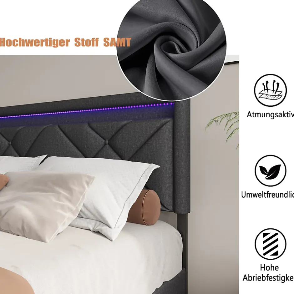 Generique Lit 160x200 avec LED et USB, Lit Double avec à Lattes, Lit capitonné 160x200cm avec 4 tiroirs et Grand Rangement Lit, Gris Outlet