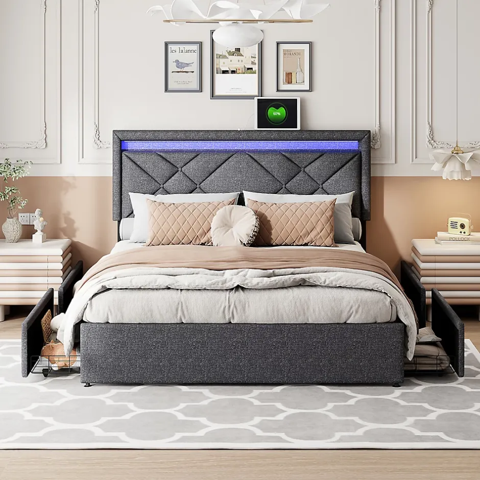 Generique Lit 160x200 avec LED et USB, Lit Double avec à Lattes, Lit capitonné 160x200cm avec 4 tiroirs et Grand Rangement Lit, Gris Outlet