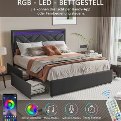 Generique Lit 160x200 avec LED et USB, Lit Double avec à Lattes, Lit capitonné 160x200cm avec 4 tiroirs et Grand Rangement Lit, Gris Outlet