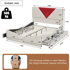 Simple Life Lit 140x190 avec Rangements, Tête de Lit Bicolore Bordeaux, 2 Tiroirs, Design Moderne, Velours, Beige Hot