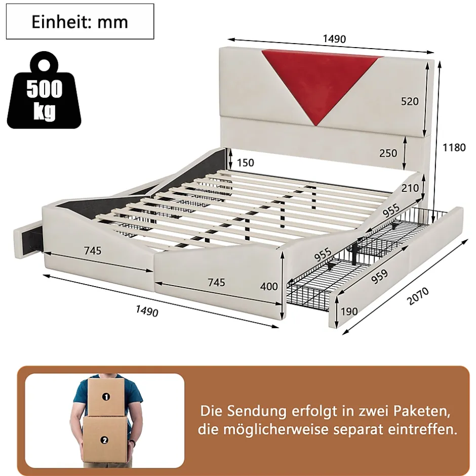 Simple Life Lit 140x190 avec Rangements, Tête de Lit Bicolore Bordeaux, 2 Tiroirs, Design Moderne, Velours, Beige Hot