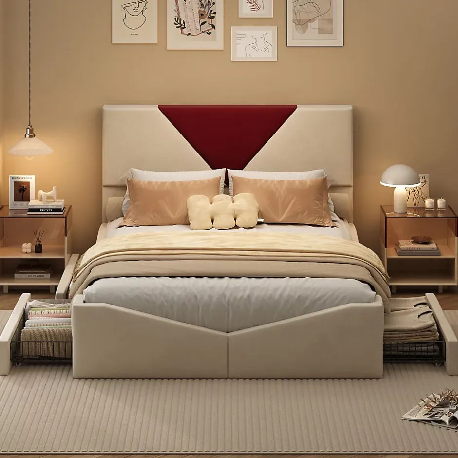 Simple Life Lit 140x190 avec Rangements, Tête de Lit Bicolore Bordeaux, 2 Tiroirs, Design Moderne, Velours, Beige Hot