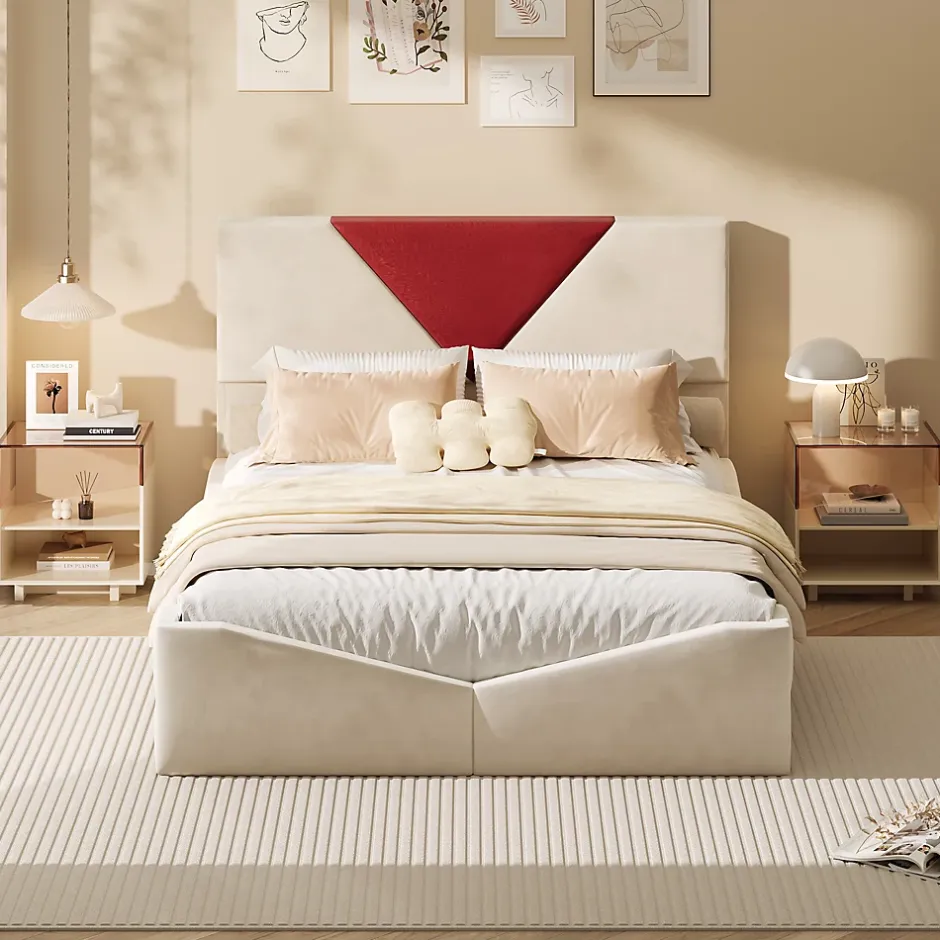 Simple Life Lit 140x190 avec Rangements, Tête de Lit Bicolore Bordeaux, 2 Tiroirs, Design Moderne, Velours, Beige Hot