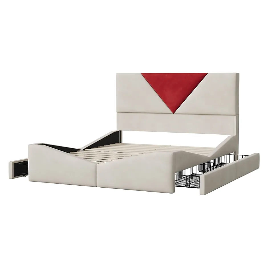 Simple Life Lit 140x190 avec Rangements, Tête de Lit Bicolore Bordeaux, 2 Tiroirs, Design Moderne, Velours, Beige Hot