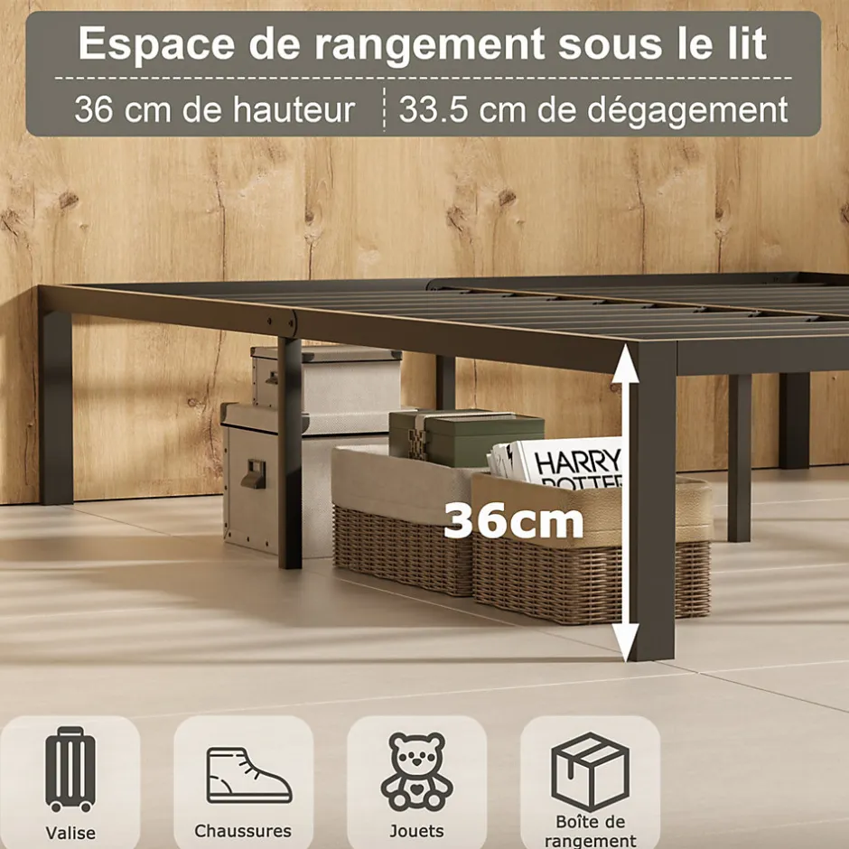 Teeno Lit 160x200 avec Sommier, 36 cm Sommier Plateforme Métallique, Cadre de Lit 160 x 200cm pour Rangement sous Le lit