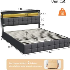 Fortuna lai Lit 140x200 avec Sommier, Cadre de lit avec Éclairage LED et 2 Prises CA & 2 Ports USB,Tissu en Lin, Gris