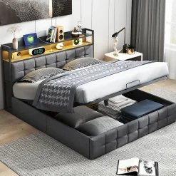 Fortuna lai Lit 140x200 avec Sommier, Cadre de lit avec Éclairage LED et 2 Prises CA & 2 Ports USB,Tissu en Lin, Gris