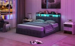 Fortuna lai Lit 140x200 avec Sommier, Cadre de lit avec Éclairage LED et 2 Prises CA & 2 Ports USB,Tissu en Lin, Gris