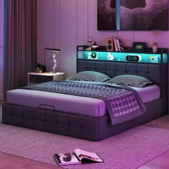 Fortuna lai Lit 160x200 avec Sommier, Cadre de lit avec Éclairage LED et 2 Prises CA & 2 Ports USB,Tissu en Lin, Gris