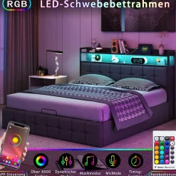 Fortuna lai Lit 160x200 avec Sommier, Cadre de lit avec Éclairage LED et 2 Prises CA & 2 Ports USB,Tissu en Lin, Gris