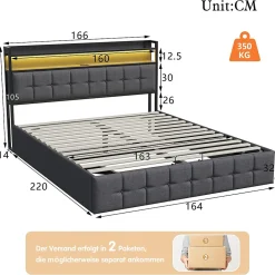 Fortuna lai Lit 160x200 avec Sommier, Cadre de lit avec Éclairage LED et 2 Prises CA & 2 Ports USB,Tissu en Lin, Gris