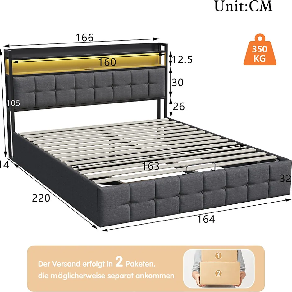 Fortuna lai Lit 160x200 avec Sommier, Cadre de lit avec Éclairage LED et 2 Prises CA & 2 Ports USB,Tissu en Lin, Gris