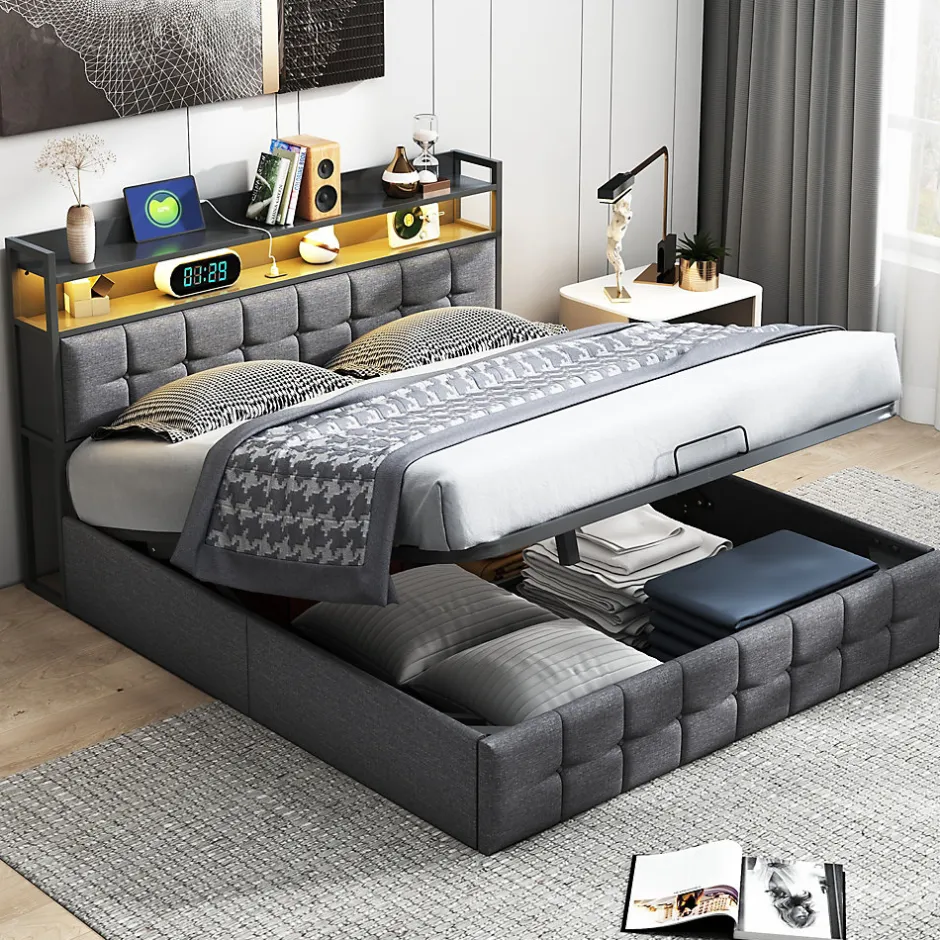 Fortuna lai Lit 160x200 avec Sommier, Cadre de lit avec Éclairage LED et 2 Prises CA & 2 Ports USB,Tissu en Lin, Gris