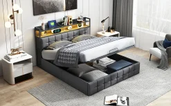 Fortuna lai Lit 160x200 avec Sommier, Cadre de lit avec Éclairage LED et 2 Prises CA & 2 Ports USB,Tissu en Lin, Gris