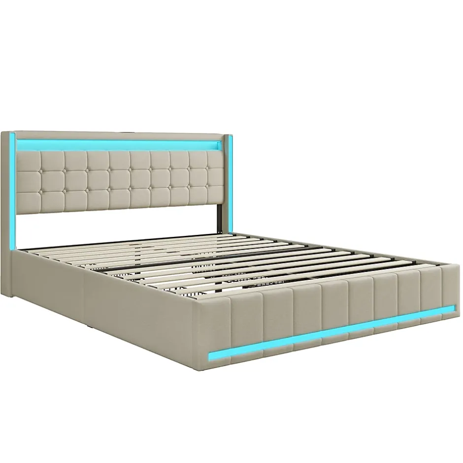 Simple Life Lit 160x200 Avec Sommier LED Et USB, Lit Coffre 160x200 Avec Lattes Et 4 Tiroirs , Beige Clearance