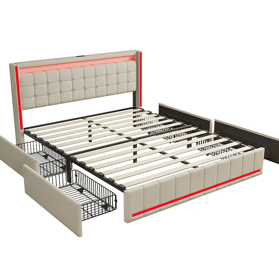 Simple Life Lit 160x200 Avec Sommier LED Et USB, Lit Coffre 160x200 Avec Lattes Et 4 Tiroirs , Beige Clearance