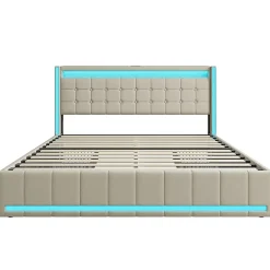 Simple Life Lit 160x200 Avec Sommier LED Et USB, Lit Coffre 160x200 Avec Lattes Et 4 Tiroirs , Beige Clearance