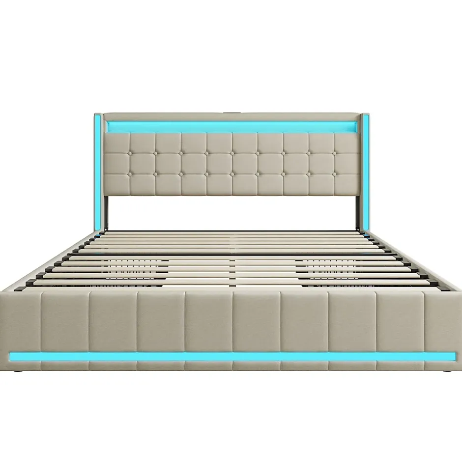Simple Life Lit 160x200 Avec Sommier LED Et USB, Lit Coffre 160x200 Avec Lattes Et 4 Tiroirs , Beige Clearance