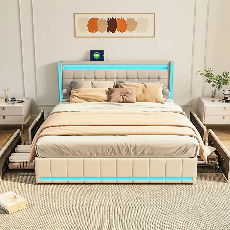 Simple Life Lit 160x200 Avec Sommier LED Et USB, Lit Coffre 160x200 Avec Lattes Et 4 Tiroirs , Beige Clearance