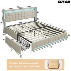 Simple Life Lit 160x200 Avec Sommier LED Et USB, Lit Coffre 160x200 Avec Lattes Et 4 Tiroirs , Beige Clearance