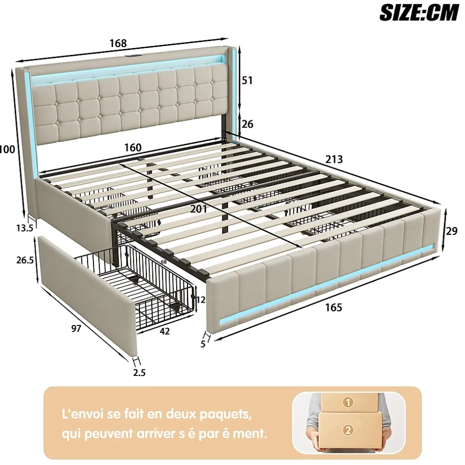Simple Life Lit 160x200 Avec Sommier LED Et USB, Lit Coffre 160x200 Avec Lattes Et 4 Tiroirs , Beige Clearance