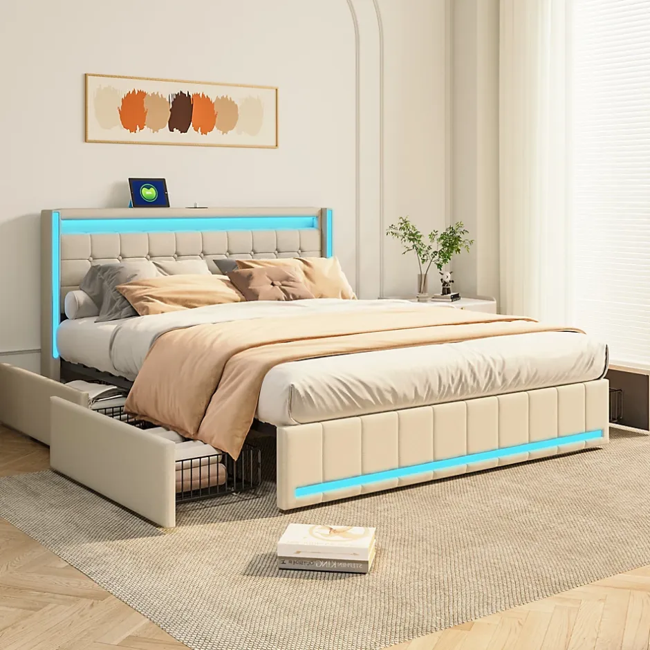 Simple Life Lit 160x200 Avec Sommier LED Et USB, Lit Coffre 160x200 Avec Lattes Et 4 Tiroirs , Beige Clearance