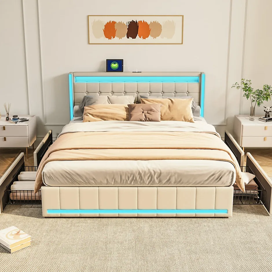 Fortuna lai Lit 160x200 avec Sommier LED et USB, Lit Coffre 140x200 avec Lattes et 4 Tiroirs , Beige