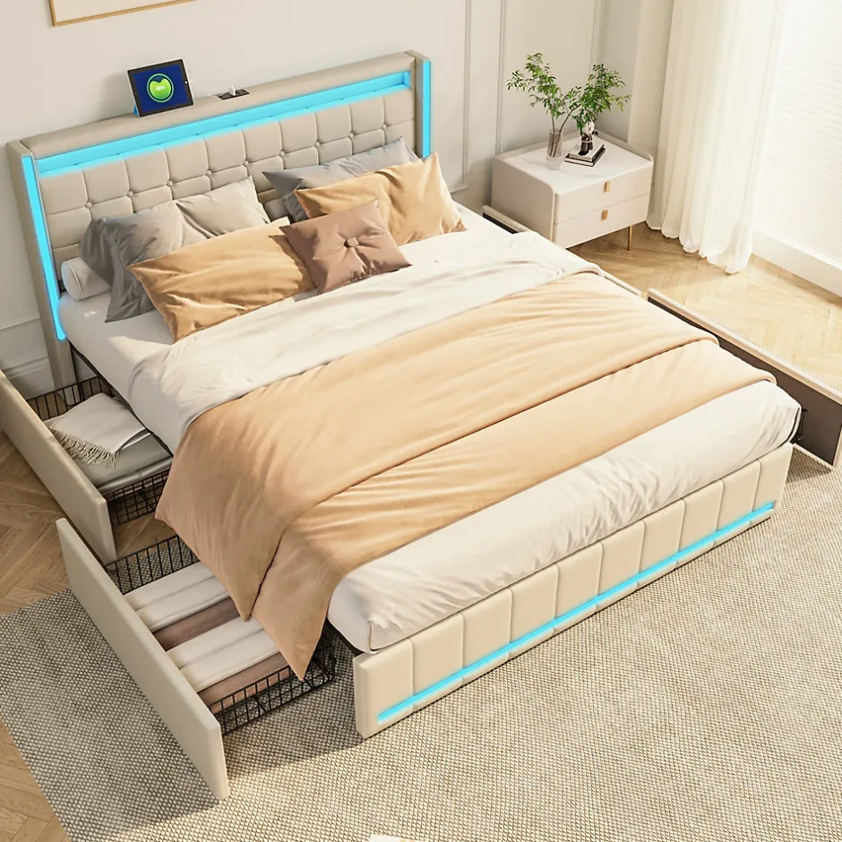 Fortuna lai Lit 160x200 avec Sommier LED et USB, Lit Coffre 140x200 avec Lattes et 4 Tiroirs , Beige