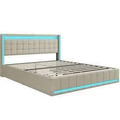 Fortuna lai Lit 160x200 avec Sommier LED et USB, Lit Coffre 140x200 avec Lattes et 4 Tiroirs , Beige