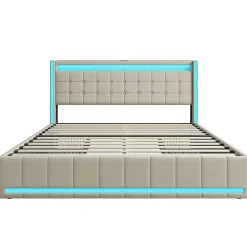 Fortuna lai Lit 160x200 avec Sommier LED et USB, Lit Coffre 140x200 avec Lattes et 4 Tiroirs , Beige