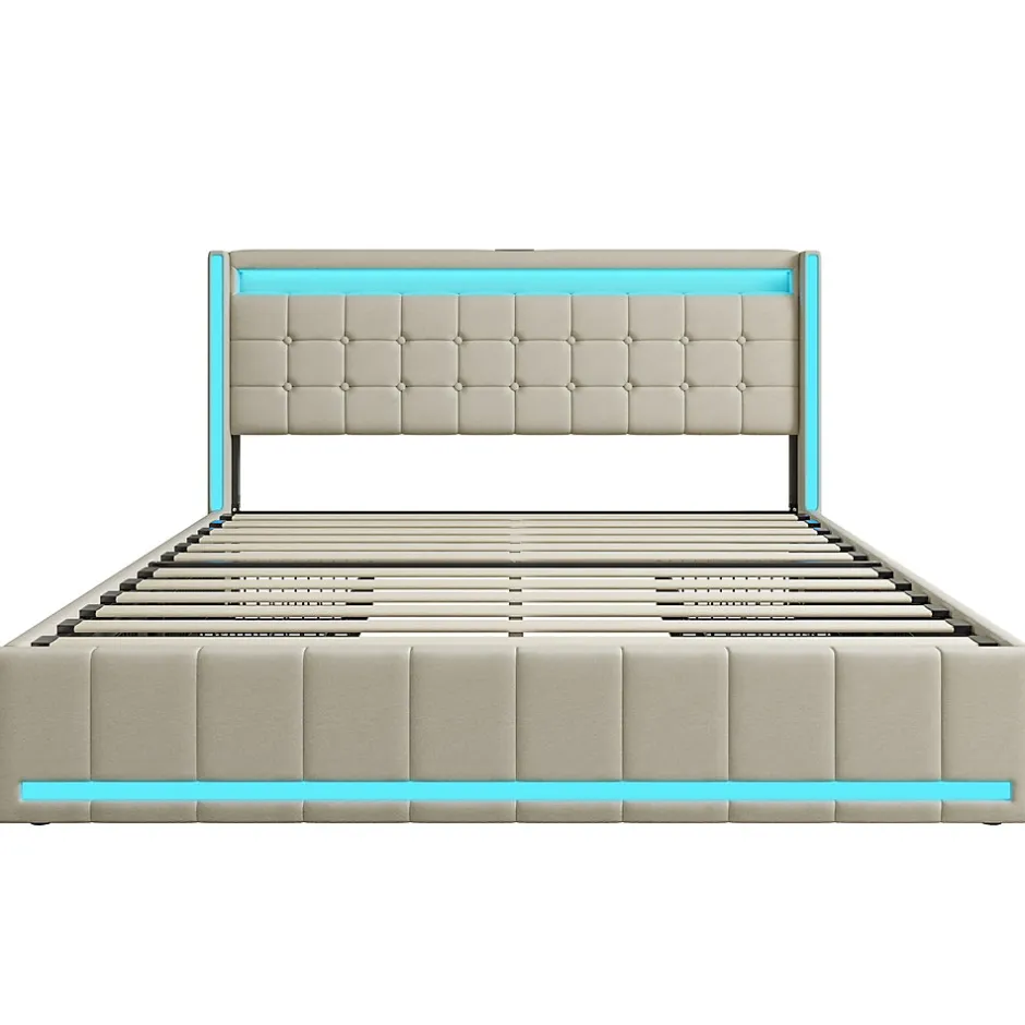 Fortuna lai Lit 160x200 avec Sommier LED et USB, Lit Coffre 140x200 avec Lattes et 4 Tiroirs , Beige