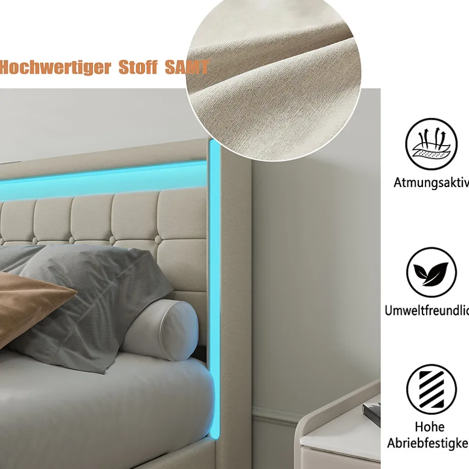 Fortuna lai Lit 160x200 avec Sommier LED et USB, Lit Coffre 140x200 avec Lattes et 4 Tiroirs , Beige