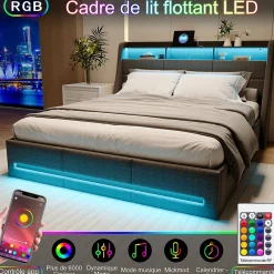 Simple Life Lit 140x190 avec Sommier LED et USB, Lit Coffre avec Rangement et Tete de Lit, lit 2 persons de Rangement Hydraulique, Gris
